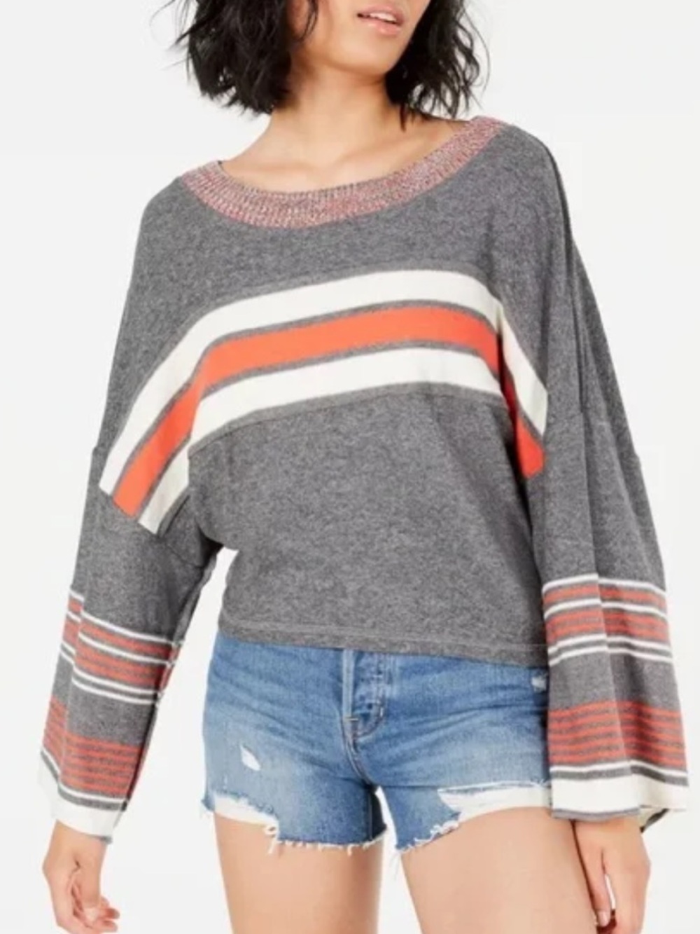 Free People Gray Pullover with Coral and Cream Stripes